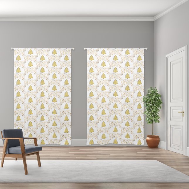 Christmas Gold Stars & Trees White Background Blackout Curtains (Wide)
