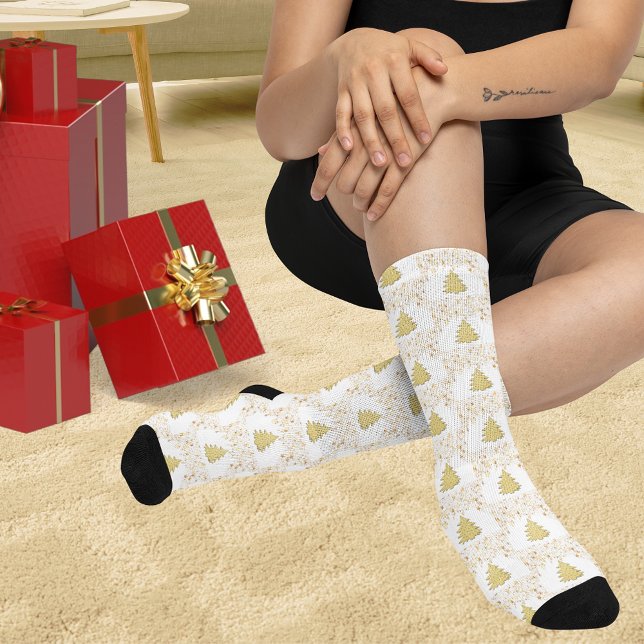 Christmas Gold Stars, Trees & White Unisex Adult Socks (Christmas Gold Stars, Trees & White Unisex Adult Socks)
