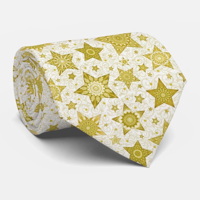 Christmas Gold Stars with Damask Pattern Neck Tie (Rolled)