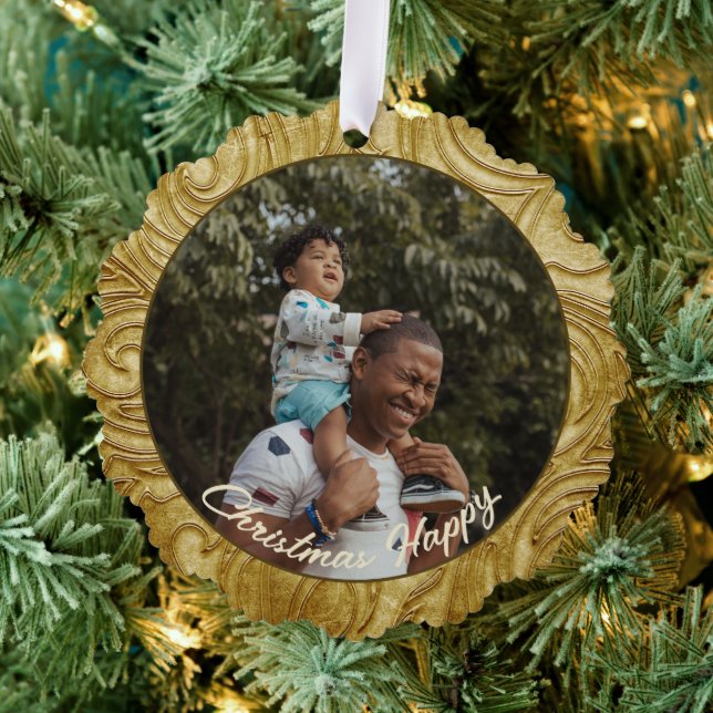 Christmas Gold Swirled Photo Template Ornament Card (Insitu (Tree))
