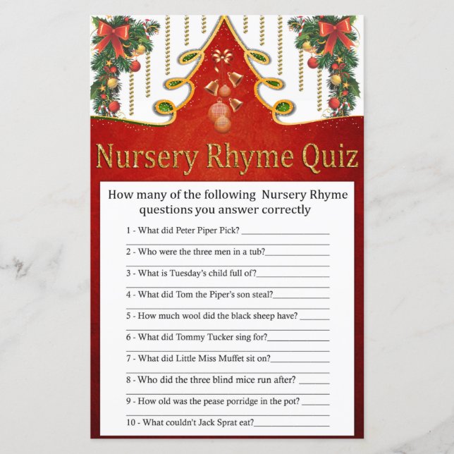 Christmas Gold Tree Nursery Rhyme Quiz baby shower (Front)