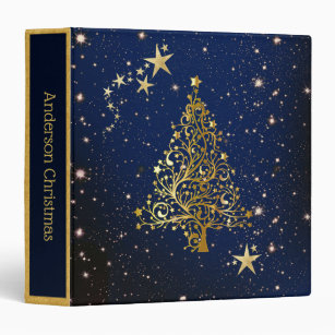 Christmas Gold Tree on Blue Custom 3 Ring Binder