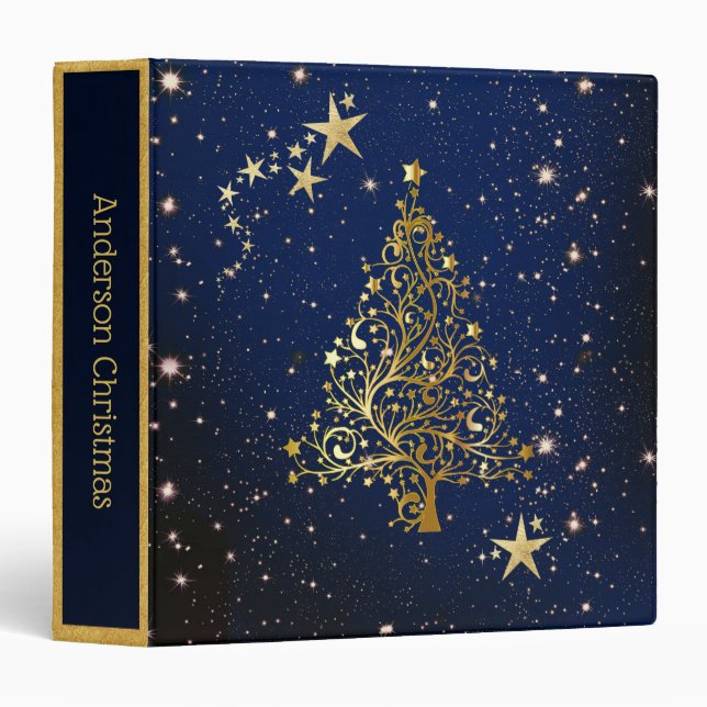 Christmas Gold Tree on Blue Custom 3 Ring Binder (Front/Spine)