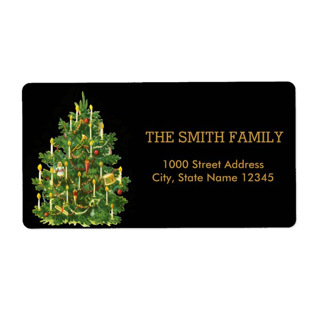 Christmas Gold Tree with Black Background Label (Front)