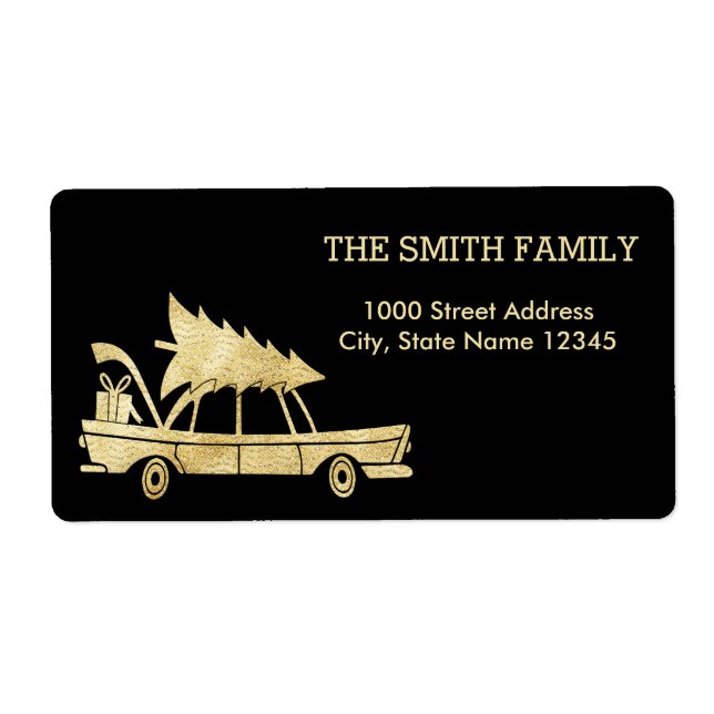 Christmas Gold Tree with Car Black Background Label (Front)