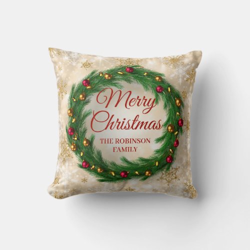 Christmas Gold Winter Sparkle Festive Wreath Throw Pillow