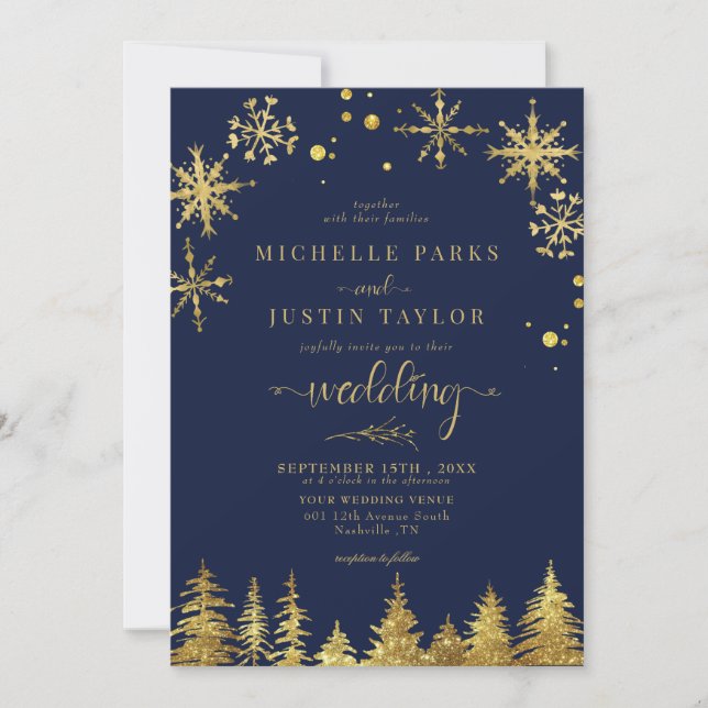 Christmas Gold  Woodland Pine Trees Wedding I Invitation (Front)