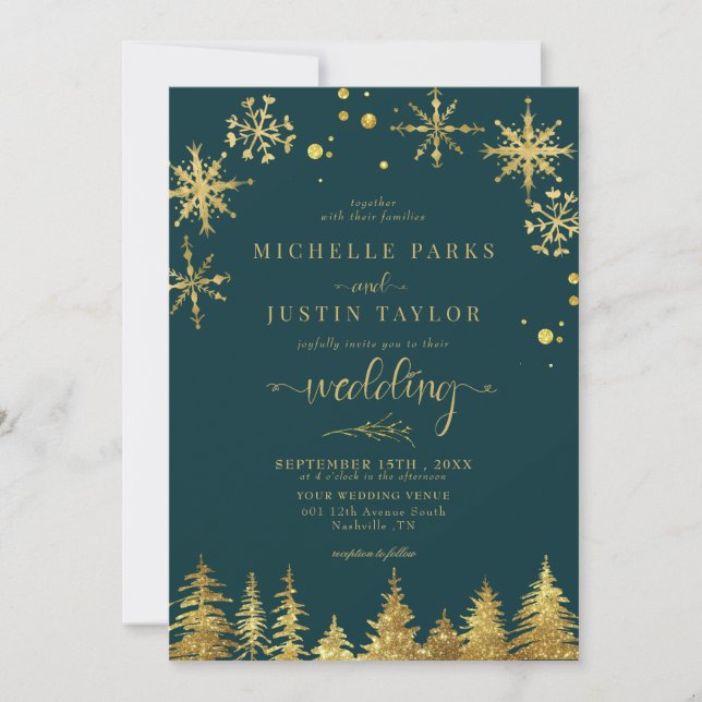 Christmas Gold  Woodland Pine Trees Wedding  Invitation (Front)