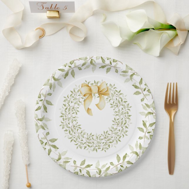 Christmas Gold Wreath Elegant Country Holiday Paper Plates (Wedding)