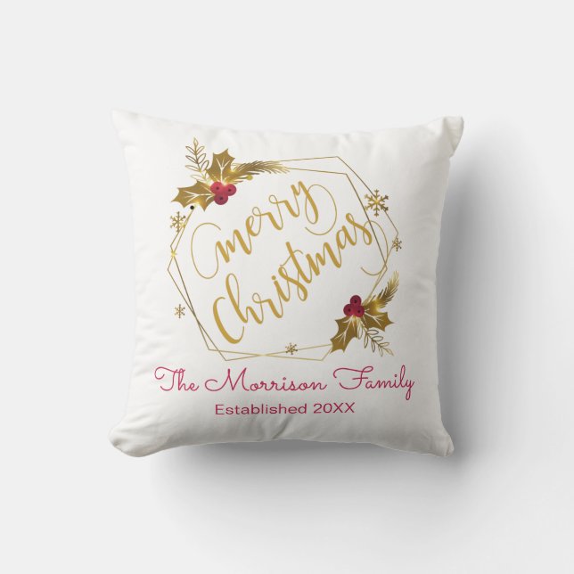 Christmas Gold Wreath Personalized Family Name Throw Pillow (Front)