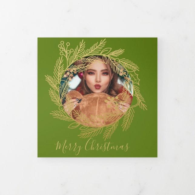 Christmas Gold Wreath Photo Personalized Christmas Tri-Fold Holiday Card (Cover)