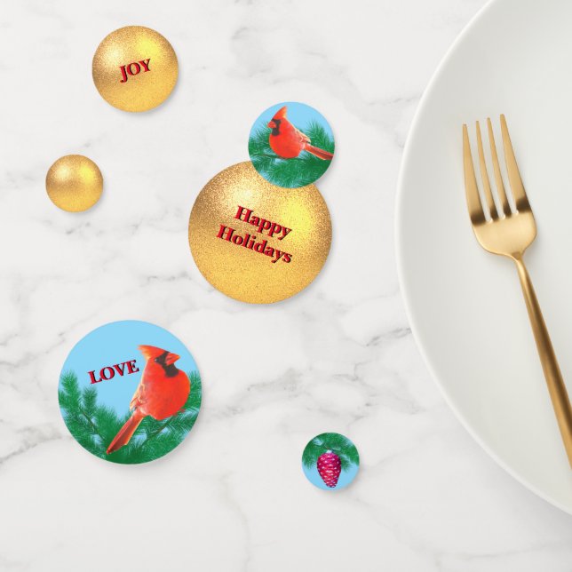 Christmas golden ball, cardinal, pine cone confetti (Group)
