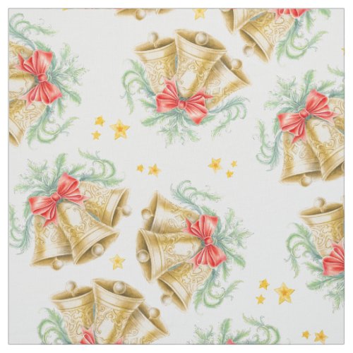 Christmas golden bells and red bows watercolor art fabric