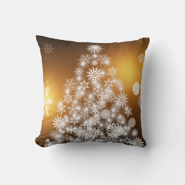 Christmas Golden Bokeh Snowflake Tree Throw Pillow (Front)