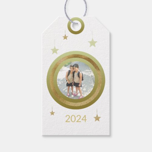 Christmas Golden Frame One Photo Stars Gift Tags
