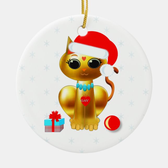 Christmas golden kitty cat cartoon ceramic ornament (Front)