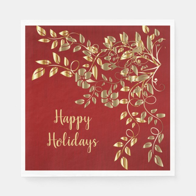 Christmas Golden Leaves Red Holidays Napkins (Front)