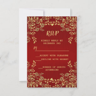 Christmas Golden Leaves Red Holidays Party RSVP Card