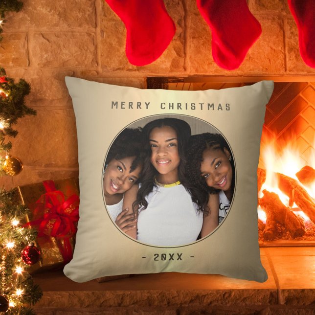 Christmas Golden Metallic Family Round Photo Throw Pillow (Creator Uploaded)