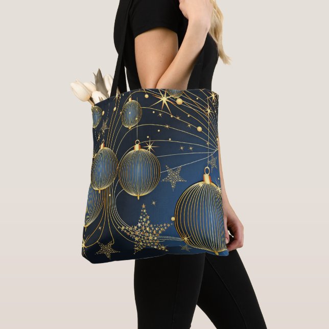 Christmas Golden Ornaments Navy Blue Holidays Tote (Close Up)