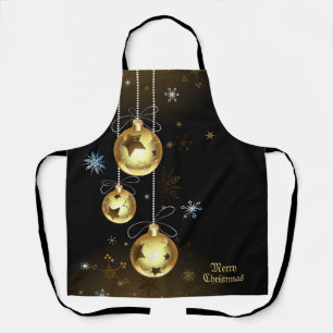 Christmas Golden Ornaments Shiny Stars Black Apron