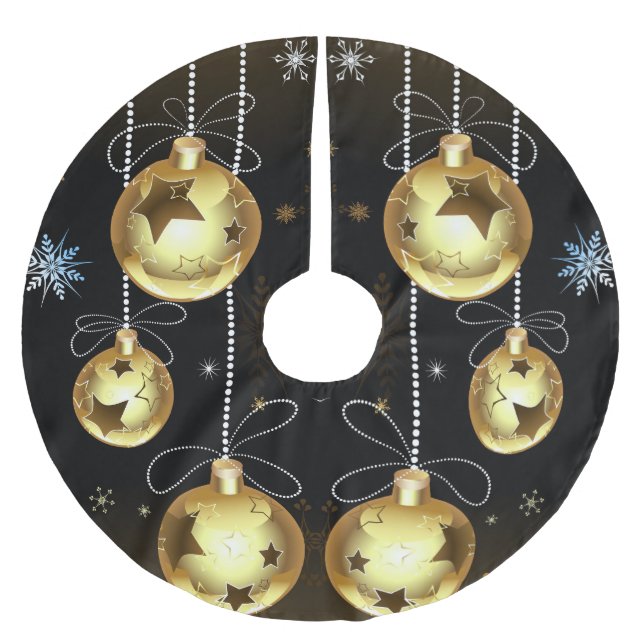 Christmas Golden Ornaments Shiny Stars Black Brushed Polyester Tree Skirt (Front)