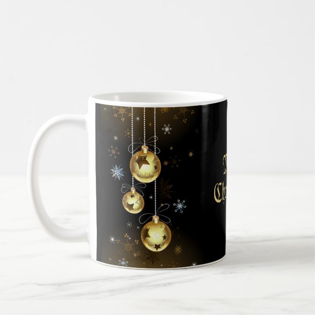 Christmas Golden Ornaments Shiny Stars Black Coffee Mug (Left)