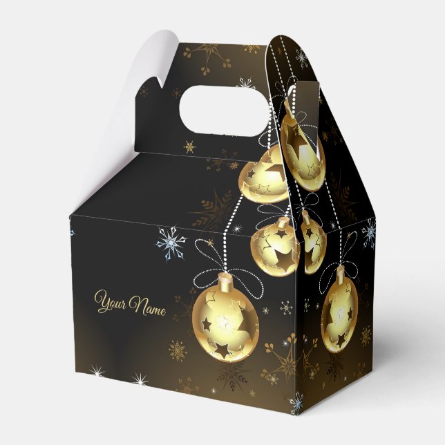 Christmas Golden Ornaments Shiny Stars Black Favor Boxes (Front Side)