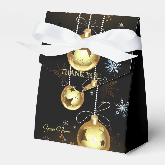 Christmas Golden Ornaments Shiny Stars Black Favor Boxes (Front Side)