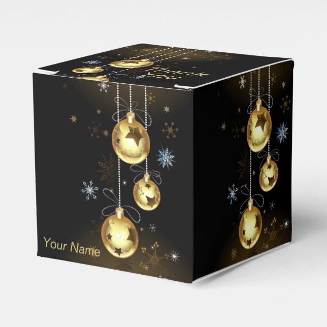 Christmas Golden Ornaments Shiny Stars Black Favor Boxes (Front Side)