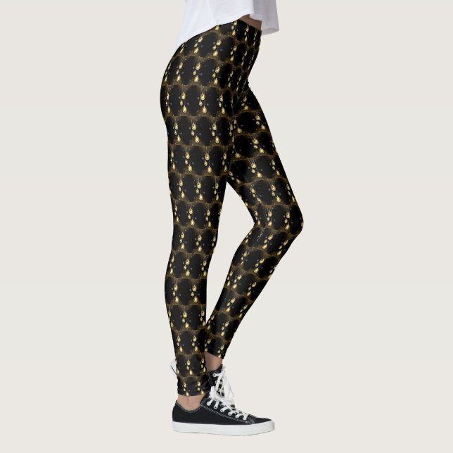Christmas Golden Ornaments Shiny Stars Black Leggings (Right)