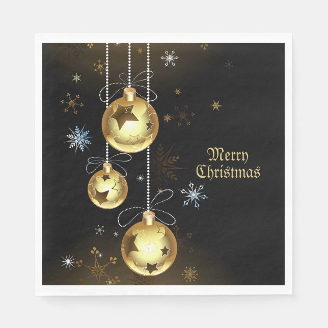 Christmas Golden Ornaments Shiny Stars Black Napkins (Front)