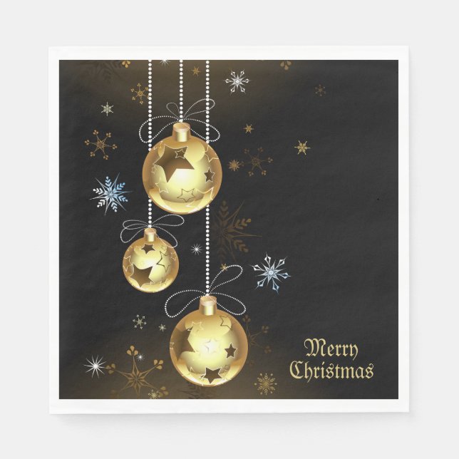 Christmas Golden Ornaments Shiny Stars Black Napkins (Front)
