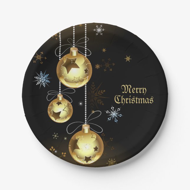 Christmas Golden Ornaments Shiny Stars Black Paper Plates (Front)