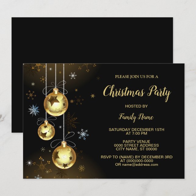 Christmas Golden Ornaments Shiny Stars Black Party Invitation (Front/Back)