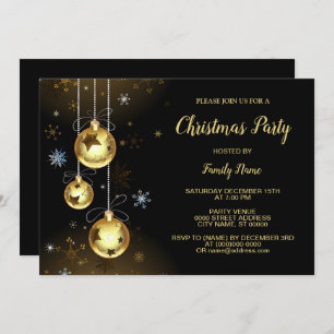 Christmas Golden Ornaments Shiny Stars Black Party Invitation