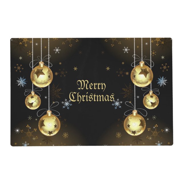 Christmas Golden Ornaments Shiny Stars Black Placemat (Front)
