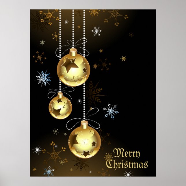 Christmas Golden Ornaments Shiny Stars Black Poster (Front)
