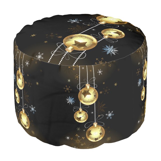 Christmas Golden Ornaments Shiny Stars Black Pouf (Angled Front)