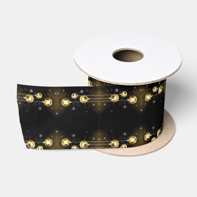 Christmas Golden Ornaments Shiny Stars Black Satin Ribbon (Spool)