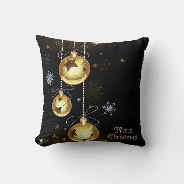 Christmas Golden Ornaments Shiny Stars Black Throw Pillow (Front)
