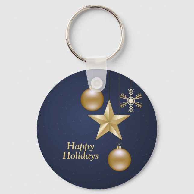 Christmas Golden Ornaments Stars Navy Blue Elegant Keychain (Front)
