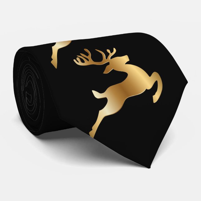 Christmas Golden Reindeer Black Holidays Neck Tie (Rolled)