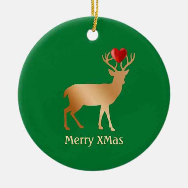Christmas golden reindeer on green ceramic ornament (Front)
