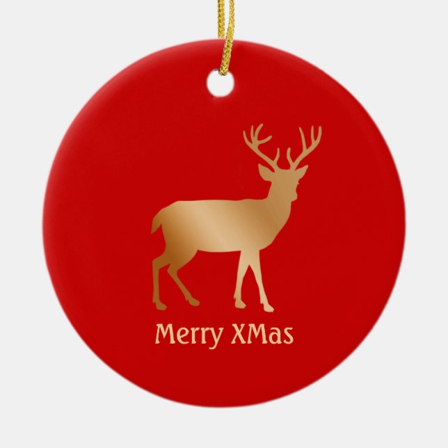 Christmas golden reindeer on red ceramic ornament (Front)