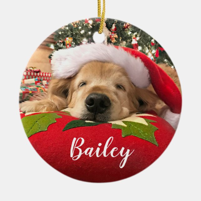Christmas Golden Retriever Dog Asleep Under Tree Ceramic Ornament (Front)