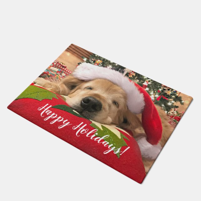 Christmas Golden Retriever Dog Asleep Under Tree Doormat (Angled)