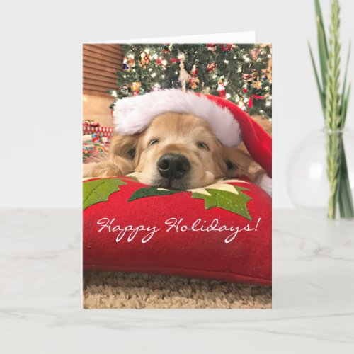 Christmas Golden Retriever Dog Asleep Under Tree Holiday Card