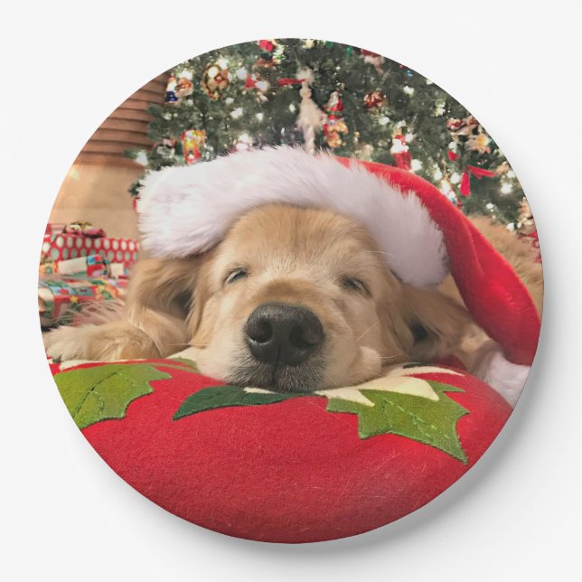Christmas Golden Retriever Dog Asleep Under Tree Paper Plates (Front)