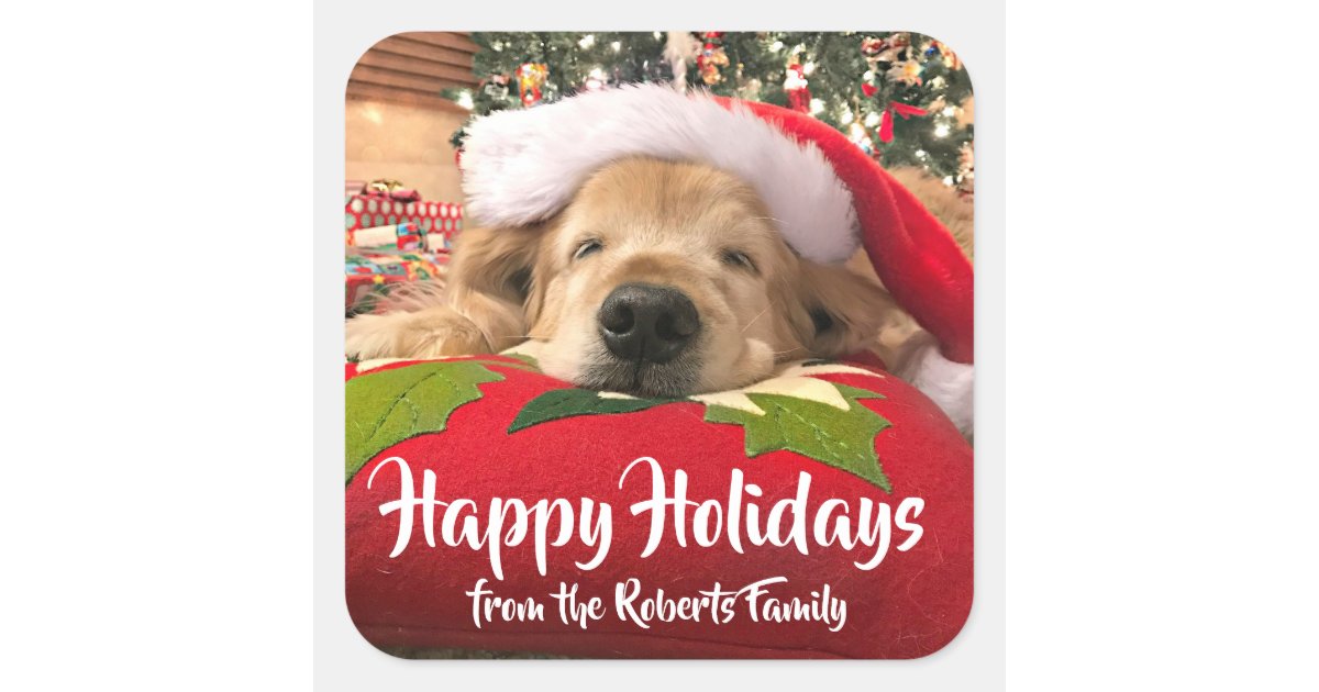 Christmas Golden Retriever Dog Custom Name Square Sticker | Zazzle